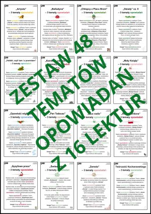 Zestaw 48 tematów opowiadań z 16 lektur (E8)