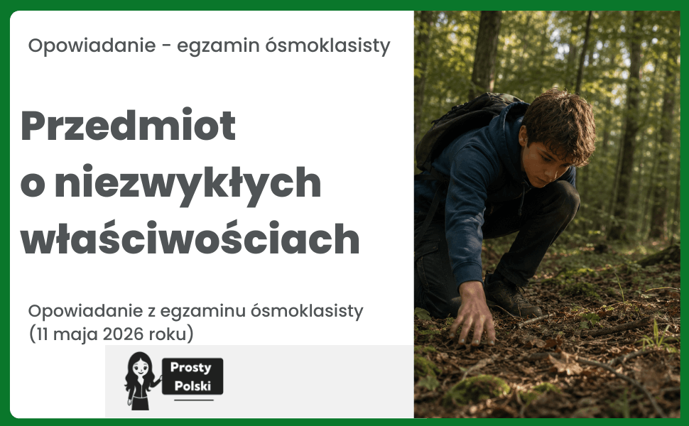 Opowiadanie o spotkaniu z bohaterem wybranej lektury obowiązkowej. Podczas wspólnej przygody znaleźliście przedmiot o niezwykłych właściwościach, dzięki któremu Wasza przygoda zakończyła się pomyślnie. Opowiadanie z egzaminu ósmoklasisty z 2026 roku (11 maja 2026 roku)